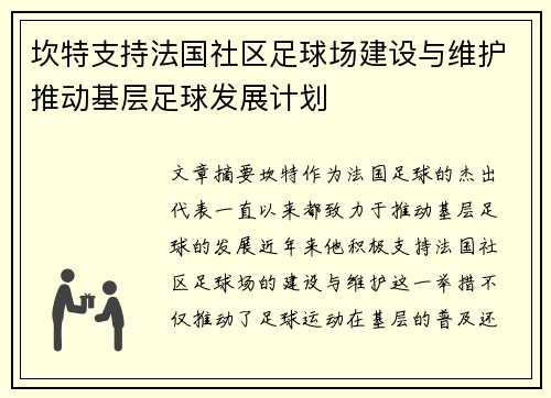 坎特支持法国社区足球场建设与维护推动基层足球发展计划