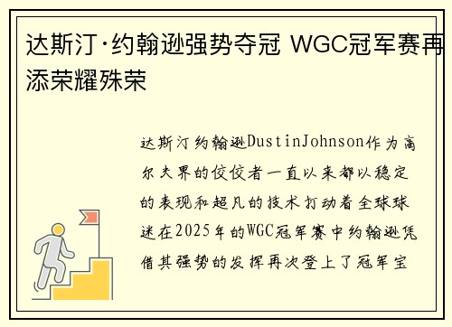 达斯汀·约翰逊强势夺冠 WGC冠军赛再添荣耀殊荣